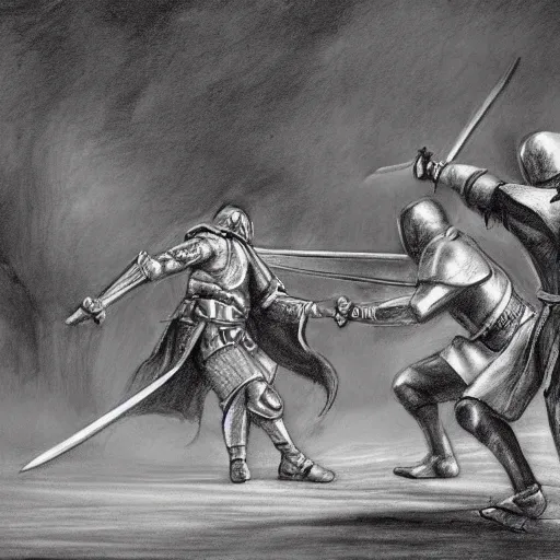 Prompt: hero fighting against two swordsmen in the middle of an arena, pencil art, added detail, high definiton
