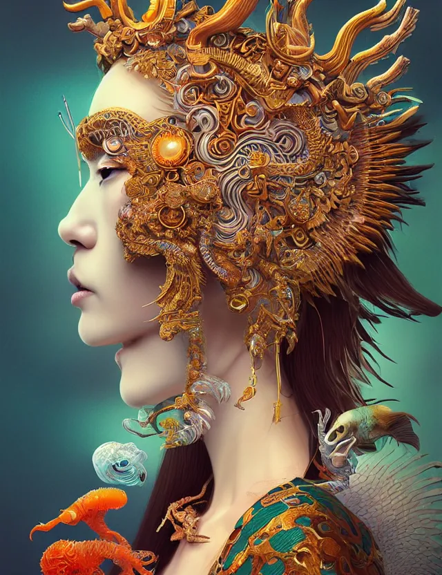 Image similar to 3 d goddess close - up profile portrait with crown, ram skull. beautiful intricately detailed japanese crow kitsune mask and clasical japanese kimono. betta fish, jellyfish phoenix, bio luminescent, plasma, ice, water, wind, creature, artwork by tooth wu and wlop and beeple and greg rutkowski