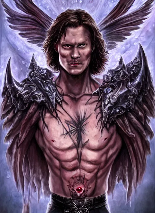 Prompt: Sam Winchester as a muscular half-blood demon with religious tattoos on chest and neck, open devil wings, stained and bleeding, magic overlays, magic flames, open portal with runes in the background, romance book cover style, D&D illustration style, (octane render) fantasy style, sharp focus, ultra detailed, art by Artgerm and Peter Andrew Jones, Ayami Kojima, Amano and Olivier Ledroit