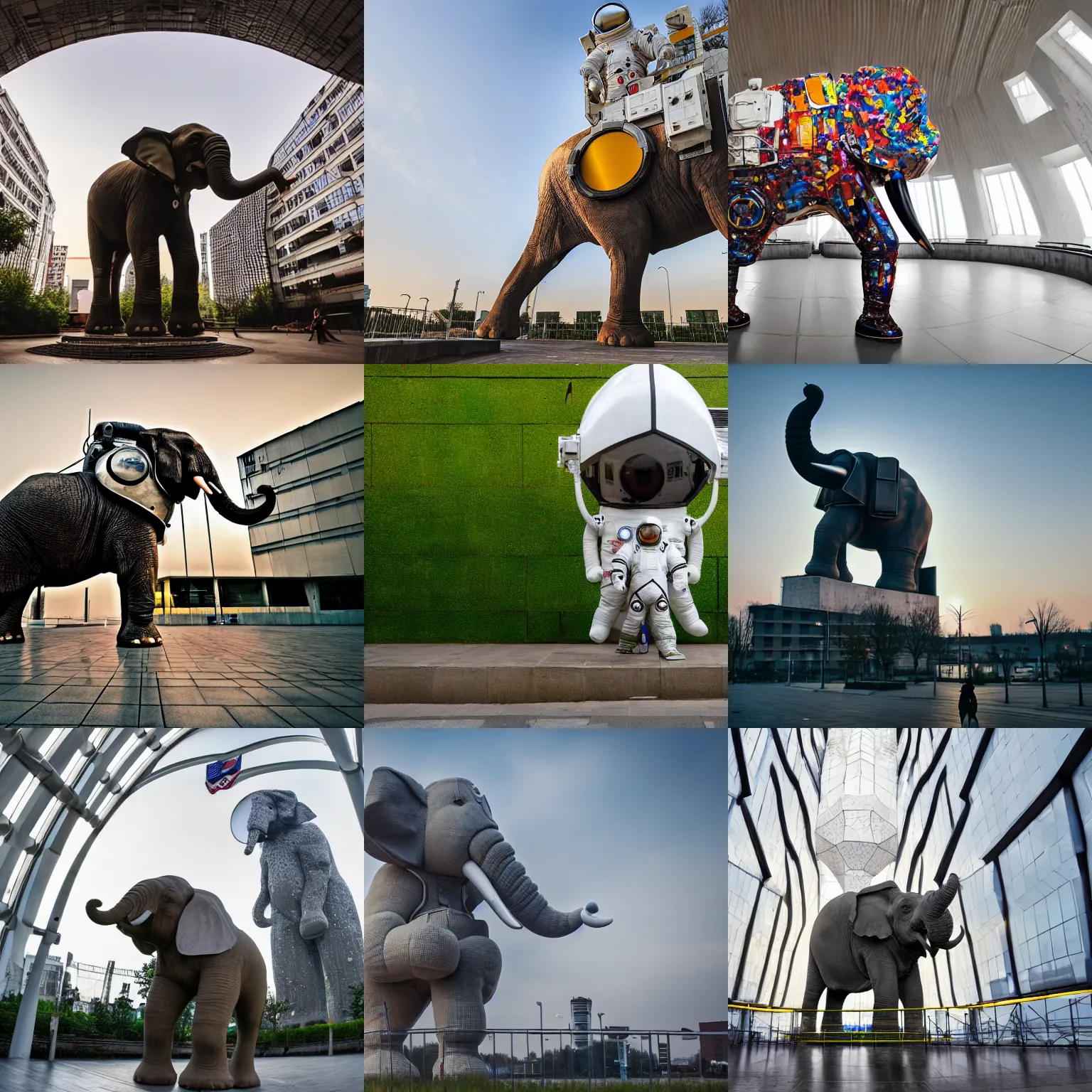 Prompt: giant elephant wearing white american brutalist maximalist spacesuit with oversized giant helmet as astronaut animal, in legnica, sunrise, overcast bokeh, cctv - c 8