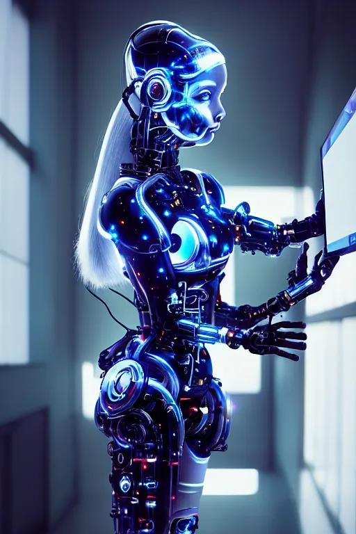 Image similar to cybernetic high tech girl with real cat on her head, sci - fi, cyberpunk, futurism, exoskeleton, strong artificial intelligence, symmetry, cinematic, elegant, luxury, professional studio light, perfect composition, dlsr photography, sharp focus, 8 k, ultra hd, sense of awe, highly detailed, hyper realistic, intricate, science journal cover