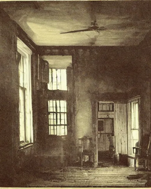 Prompt: the interior of an old cottage in cumberland that is probably haunted, delicate embellishments, painterly, offset printing technique, directed by brom, robert henri, walter popp