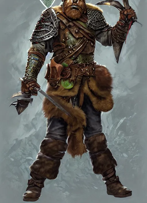 Image similar to strong young man, photorealistic bugbear ranger holding sword, fire magic, black beard, dungeons and dragons, pathfinder, roleplaying game art, hunters gear, jeweled ornate leather and steel armour, concept art, character design on white background, by norman rockwell, makoto shinkai, kim jung giu, artstation trending, poster art, colours red and green