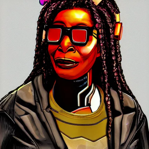 Image similar to cyberpunk robotic whoopi goldberg, sharp lines, digital, artstation, colored in