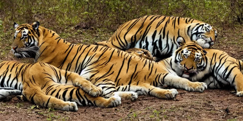 Prompt: a tiger lying next to a lion and a human approaching them