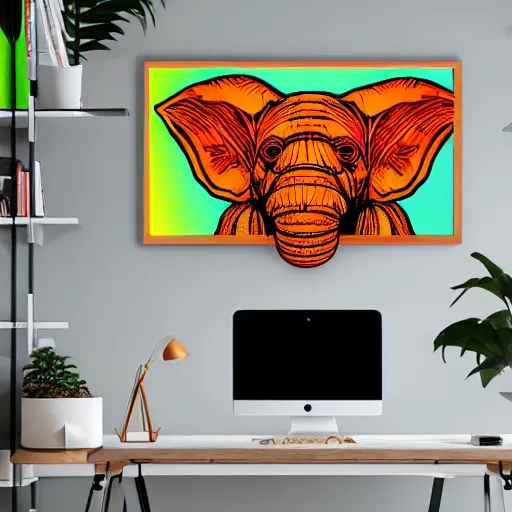 Prompt: a neon elephant yoda in a modern office space, art designers magazine HD photo superrealism 3d 8k resolution