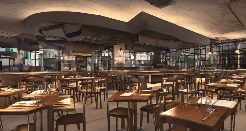 Image similar to restaurants of the future, hyper realistic render, 8 k render, unreal engine 5 render