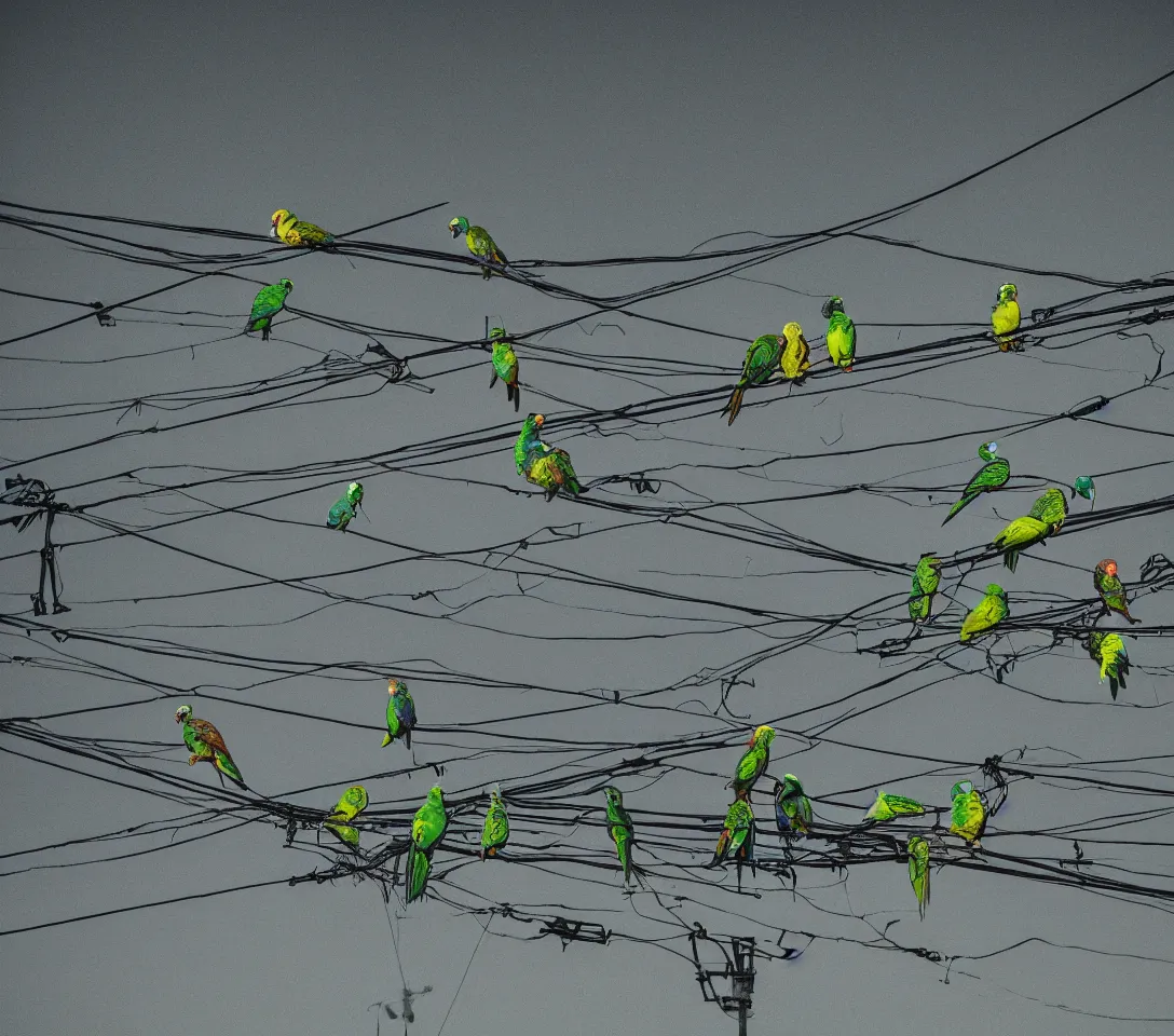 Image similar to a 3 5 mm photography at night, camera with strong flash on, of a lot of green parrots on the power lines