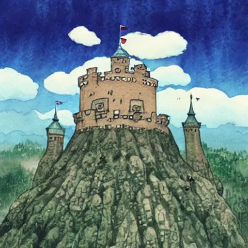 Prompt: laputa castle in the sky hayao miyazaki flying high in the sky, watercolor illustration for a book