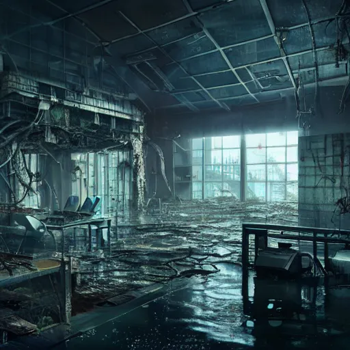 Image similar to flooded, desecrated, abandoned, cyberpunk science lab, ultra realistic, concept art, intricate details, eerie, highly detailed, photorealistic, octane render, 8 k, unreal engine, art by thomas dubois