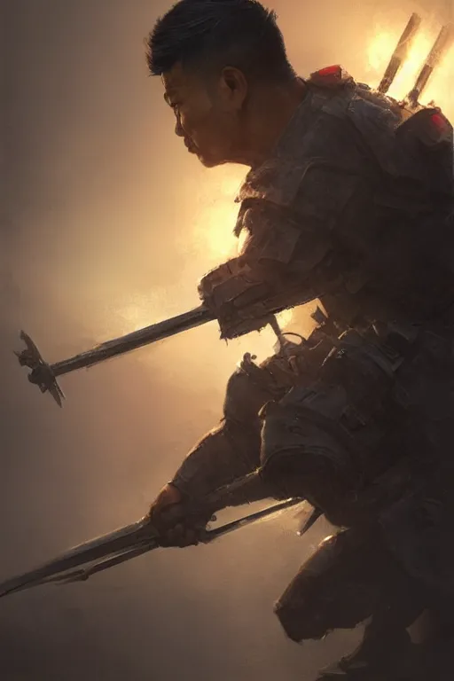 Image similar to side profile of a filipino man sitting on a tank wielding a scepter, highly detailed, d & d, fantasy digital painting, trending on artstation, concept art, sharp focus, illustration, volumetric light, intricate, art by artgerm and greg rutkowski