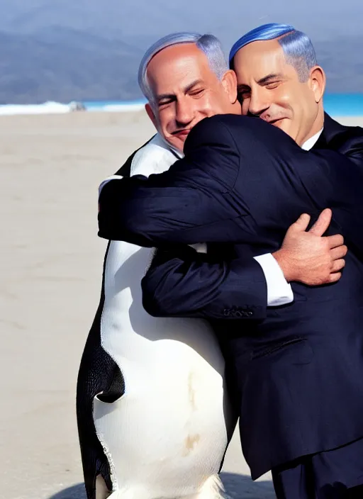 Image similar to benjamin netanyahu hugging a penguin