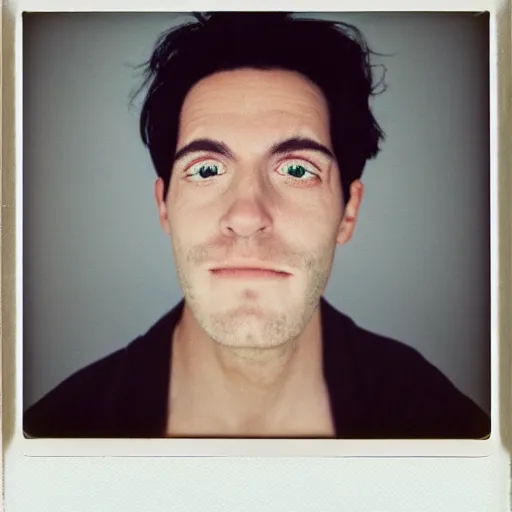 Prompt: a professional polaroid portrait photo of a good looking man with an asymmetrical face with his eyes closed. the man has black hair, freckled skin and a look of panic on his face. extremely high fidelity. key light. rainbow light bleed, film burn.