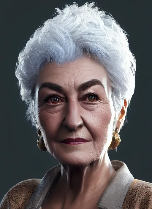 Image similar to highly detailed portrait of bea arthur, unreal engine, fantasy art by simon bisley, global illumination, radiant light, detailed and intricate environment