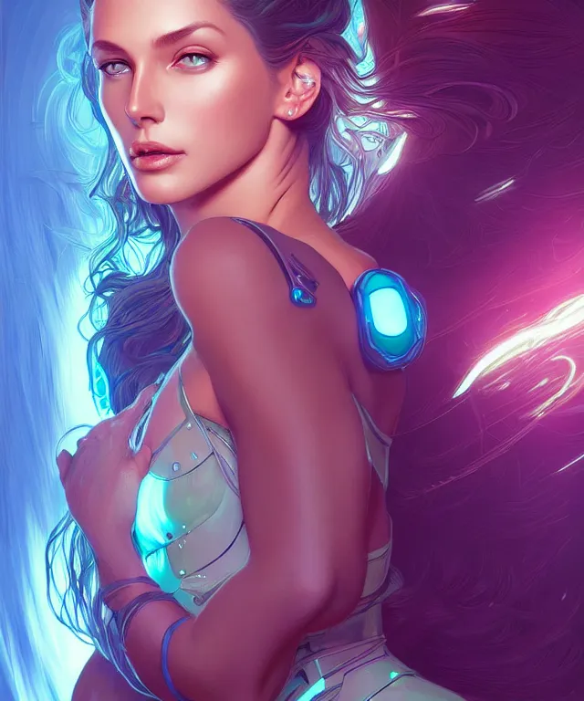 Image similar to Supermodel woman turning fiction to reality , scifi, intricate, elegant, highly detailed, teal neon glowing eyes, digital painting, artstation, concept art, smooth, sharp focus, illustration, art by artgerm and moebius and alphonse mucha
