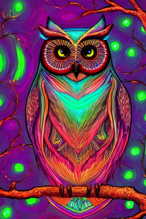 Prompt: glowing owl, beautiful colours, highly detailed, digital art, sharp focus, trending on art station