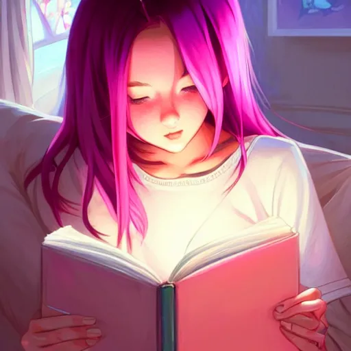 Prompt: beautiful girl with pink hair, reading a book in her room, night time, sharp focus, intricate, digital painting, artstation, official media, anime key visual, highly detailed, rich vivid colors ambient lighting, illustration, art by Artgerm, Makoto Shinkai, Ilya Kuvshinov, Lois Van Baarle and Rossdraws