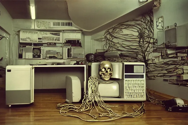 Image similar to large metallic skull attached to an infinitely long coiled cable, stoic and calm, inside of an unlit 1970s convenience store with a soviet computer console on the wall, ektachrome photograph, volumetric lighting, f8 aperture, cinematic Eastman 5384 film