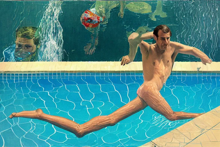 Image similar to emmanuel macron underwater swimming in a pool in california house, wearing small speedo, water is shimmering, by david hockney, peter doig, lucien freud, francis bacon, bouguereau, norman rockwell, pop surrealism