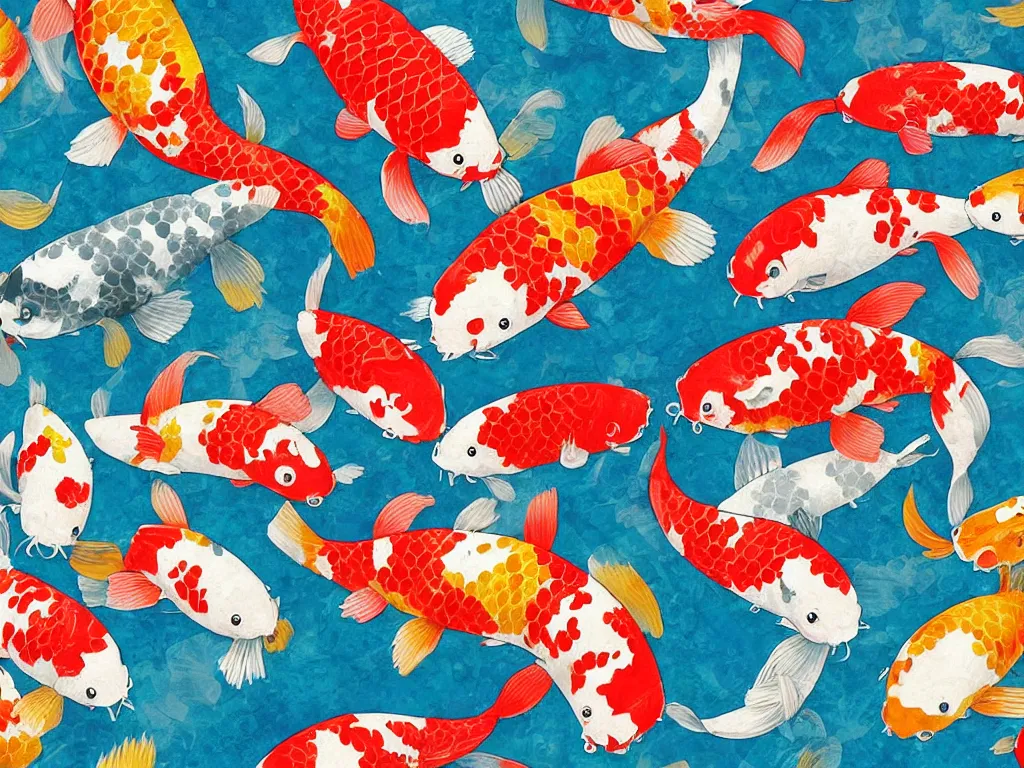 Image similar to colorful koi carp collage illustration pattern, tiny, small, miniature, short, cute and adorable, digital painting, highly detailed, intricate, elegant, artstation, concept art, colorful, beautiful, studio ghibli, aoshima chiho, takashi murakami, manga, cute and adorable