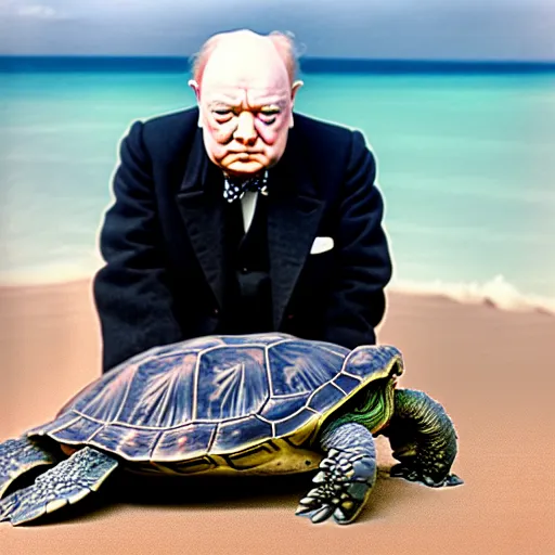 Prompt: A astonished high-res Winston Churchill discovers the first turtle ever in Galapagos, national geographic, BBC, XF IQ4, f/1.4, ISO 200, 1/160s, 8K, RAW, unedited