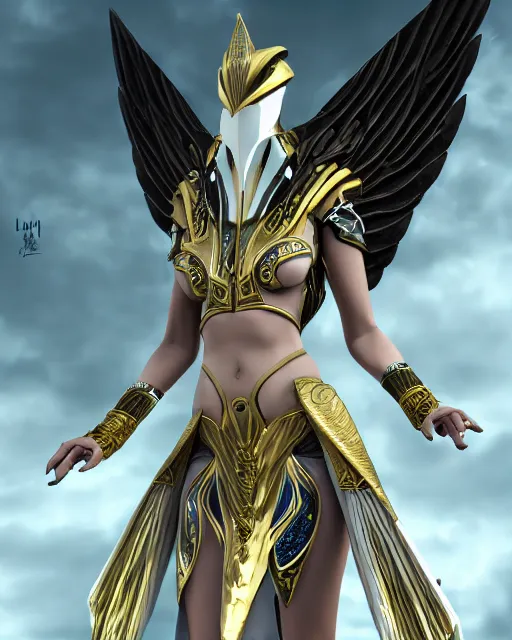 Prompt: attractive android egyptian queen wearing white dove wings, warframe armor, regal, attractive, ornate, sultry, sexy, steamy, elize theron, pretty face, green eyes, scifi platform, 4 k, ultra realistic, epic lighting, illuminated, cinematic, black gold, art by akihito tsukushi, voidstar