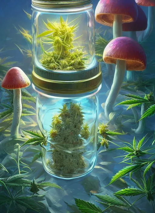 Image similar to detailed surreal digital painting of a mason jar full of cannabis buds, surreal mushrooms and large capsules by artstation, fanart behance hd by jesper ejsing, by rhads, makoto shinkai and lois van baarle, ilya kuvshinov, rossdraws, refer madness propaganda, global illumination, radiant light, detailed and intricate environment