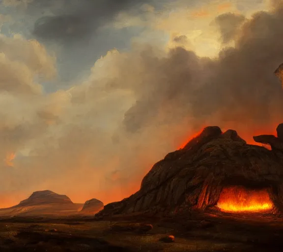 Image similar to landscape portrait of a an immense building made of hot brimstone, with tyler childers hammering the side, by william sidney mount, trending on artstation