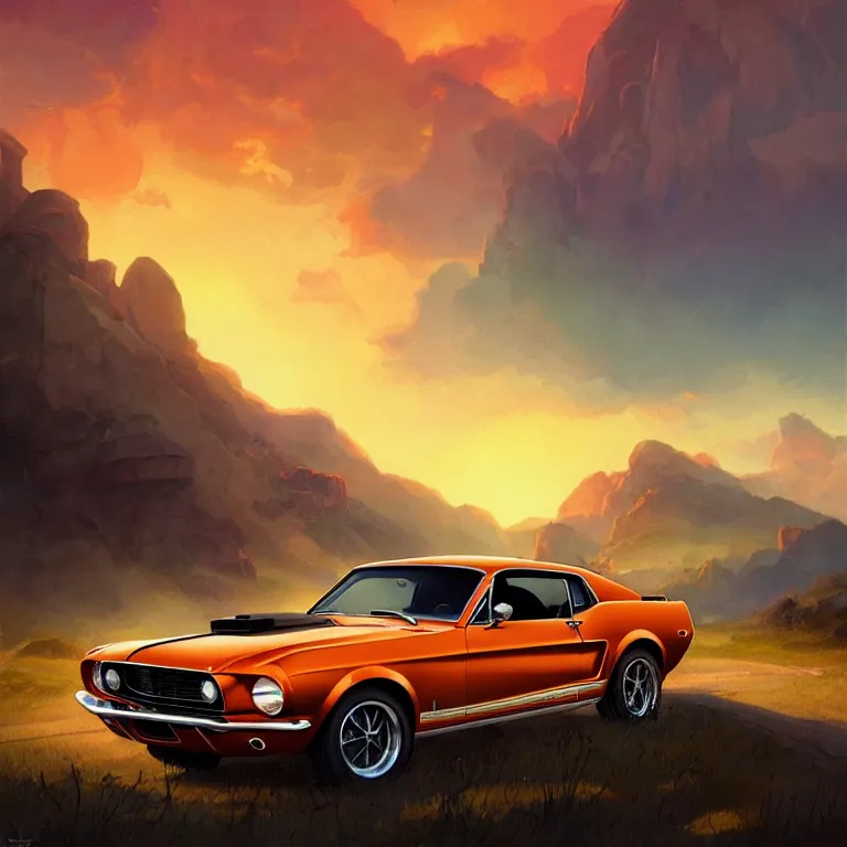 Prompt: a 1 9 6 8 mustang from behind driving down a country road, coriolios rpg art style, full of details, warm sunset colors, matte painting, artstation, 8 k, hyperrealistic, style of peter mohrbacher, album cover