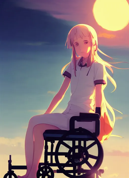 Prompt: portrait of cute girl, sunset sky in background, beach landscape, illustration concept art anime key visual trending pixiv fanbox by wlop and greg rutkowski and makoto shinkai and studio ghibli and kyoto animation, futuristic wheelchair, symmetrical facial features, should eyes, future clothing, backlit, yandere