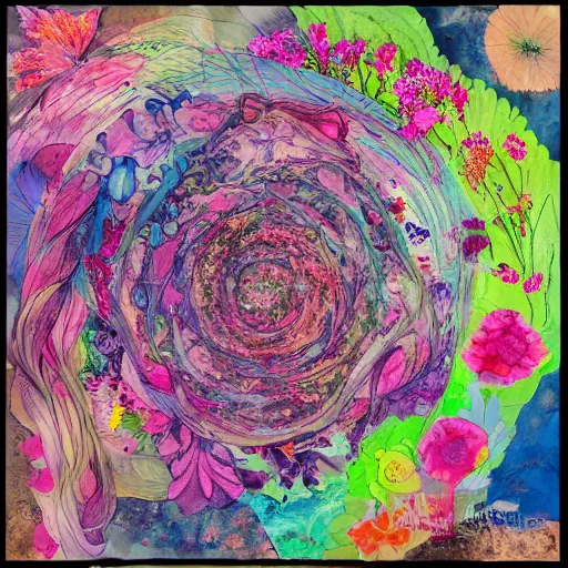 Image similar to Mixed media art. This illustration is a large canvas, covered in a wash of color. In the center is a cluster of flowers, their petals curling and twisting in on themselves. The effect is ethereal and dreamlike, and the overall effect is one of serenity and peace. by Toyo Ito robust