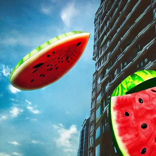 Prompt: an big watermelon falling from the sky crush the high building cause big destruction, cinematic, movie still , Holywood quality, end of the world, impactful ambient