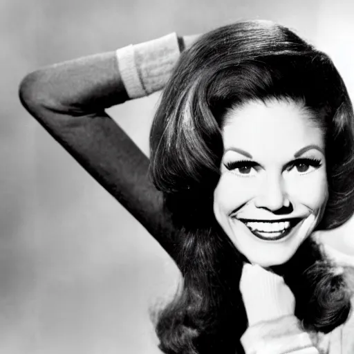 Image similar to a black and white photo of Mary Tyler Moore in her younger days while on the famous TV show she was on in the 60's.