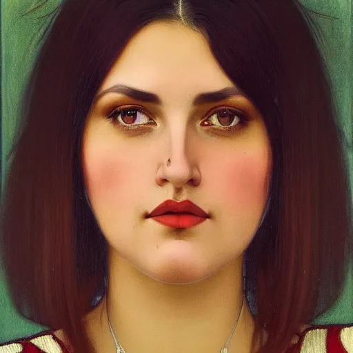 Image similar to A portrait of a plump romanian woman, art neuveau woman with straight brown hair in a Bob, no bangs, brown eyes, full face, olive skin, romanian heritage, full shot, mid-shot, 8k, by mucha