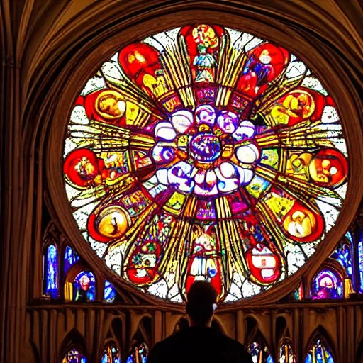 Prompt: a dramatically lit cathedral with candles and god rays, made of fruit and vegetables. The rose window is made from a giant orange slice.