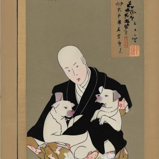 Image similar to tired white pitbull puppy curled up on a japanese man's lap, vintage, art by utamaro