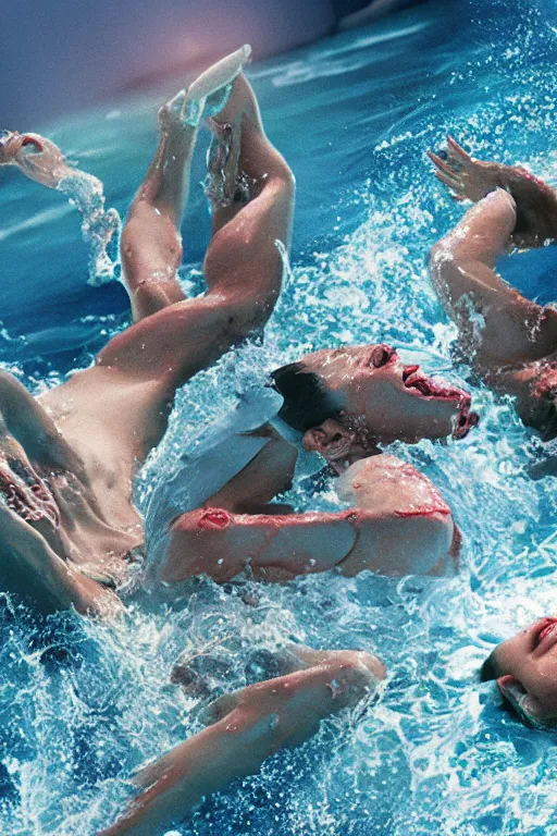 Image similar to summer swimming party, jaws, body horror, hyperdetailed octane render