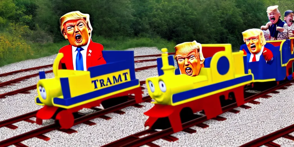 Image similar to Photo of Donald J. Trump crashing a kiddy train into gravel, screaming, taken in Silver Dollar City 2020