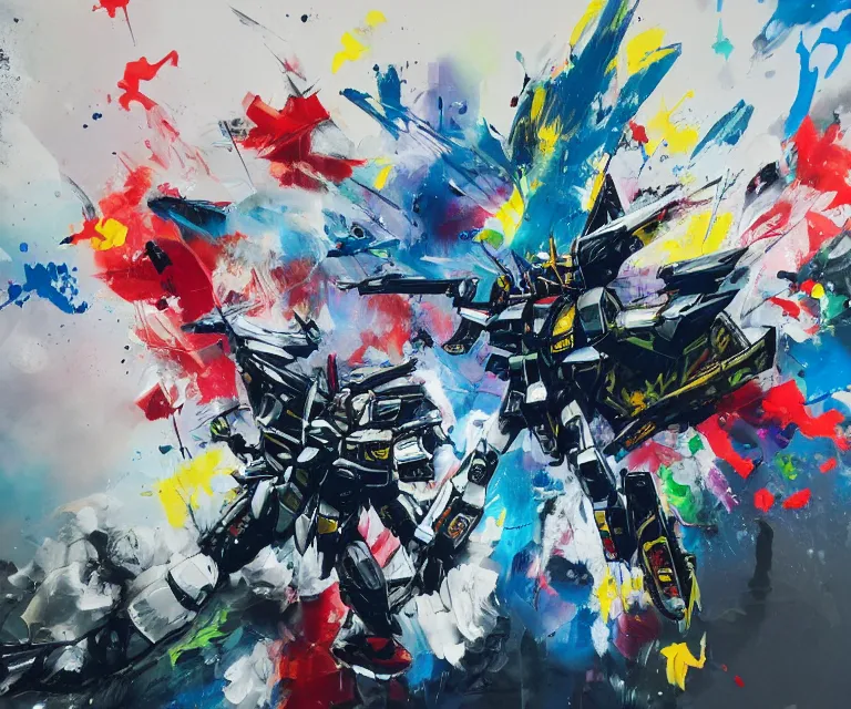 Prompt: acrylic and spraypaint action shot of a giant gundam battling in space, explosions, graffiti wildstyle, large brush strokes, painting, paint drips, acrylic, clear shapes, spraypaint, smeared flowers, origami crane drawings, large triangular shapes, painting by ashley wood, totem 2, jeremy mann, masterpiece