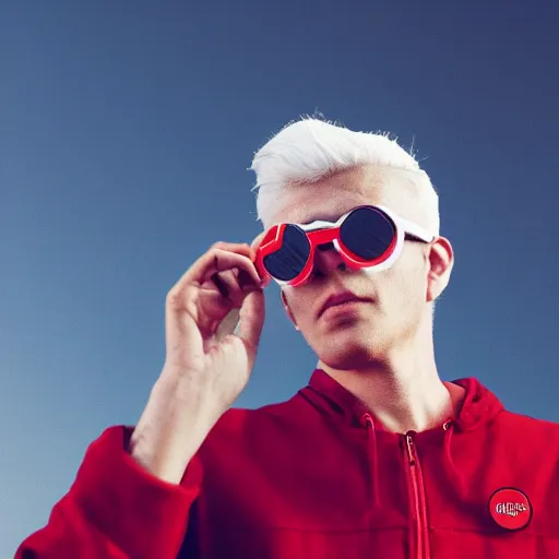 Image similar to young man in red jacket and white shirt, white hair, round goggles, smoking cigarette, character portrait, sharp focus, 4 k