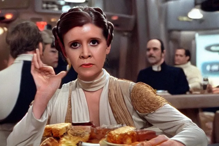 Prompt: princess leia having lunch at quark's bar on deep space nine