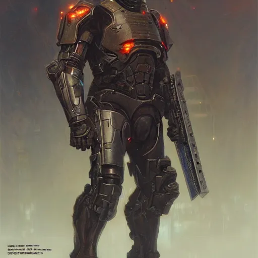 Image similar to the doomslayer as a realistic scifi cyberpunk knight, closeup portrait art by donato giancola and greg rutkowski, vintage retro scifi, realistic face, digital art, trending on artstation, symmetry!!!