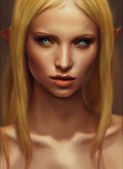 Image similar to A hyperrealistic portrait painting of a hot young female elf with stunning body, DAZ, deviantart, artstation