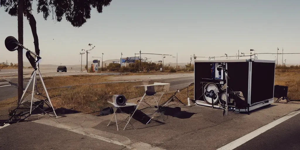 Prompt: a detailed color photograph of a musician's portable recording studio in the median strip of a california highway, trending on artstation, hyperrealism