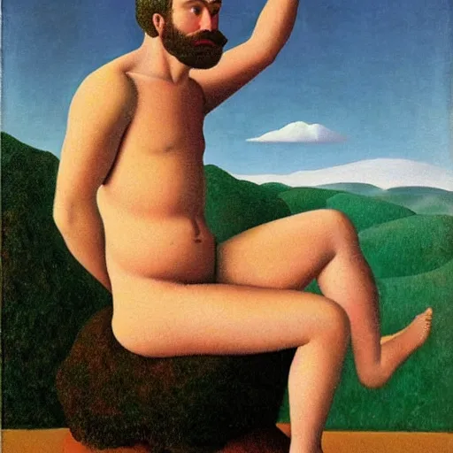 Prompt: shirtless, mountain man physicist with hairy chest, oil painting by rene magritte