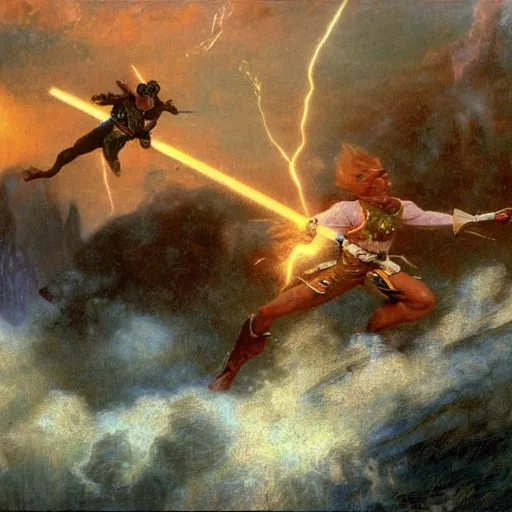 Prompt: a man with blonde hair shooting lightning bolts at his enemy in battle. detailed matte painting. masterpiece. 4 k. fantasy art. by gaston bussiere. derek zabrocki. ralph mcquarrie.