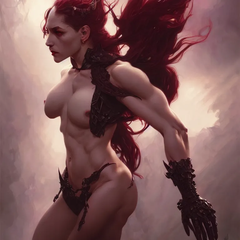 Prompt: female vampire, muscular upper body, D&D, fantasy, intricate, elegant, highly detailed, digital painting, artstation, concept art, smooth, sharp focus, illustration, art by artgerm and greg rutkowski and alphonse mucha