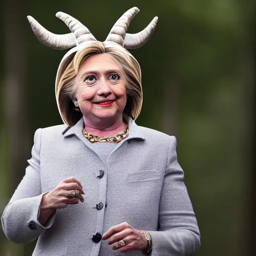 Image similar to hillary clinton wearing a goat head at the bilderberg meeting in the forest