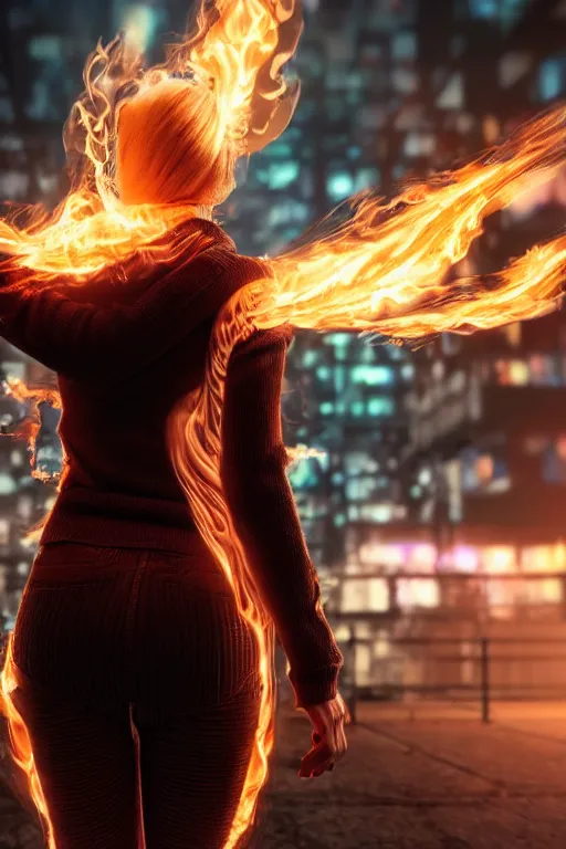 Prompt: young blonde woman from behind with flames dancing on her hands with a long jacket in a cyberpunk city, realistic, high definition, 4K, shimmering color, art of invincible