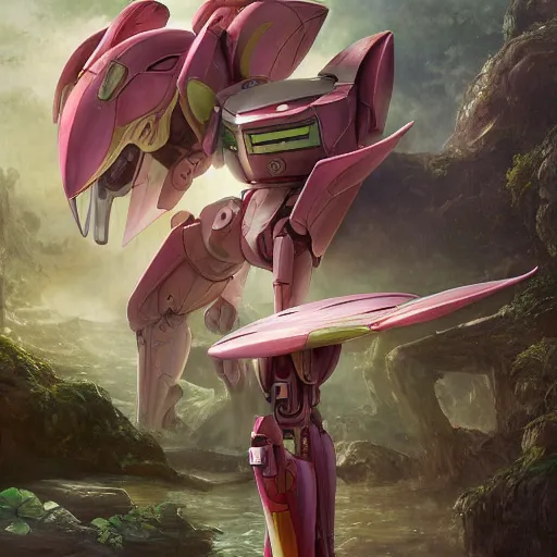 Image similar to futuristic nymphaea themed mecha waterlily upper body, sepals forming helmet, highly detailed, nymphaea, 8 k hd resolution, barbatos mobile suit with floral inlay, bandai box art, star wars, makoto kobayashi, frank gehry, raymond swanland